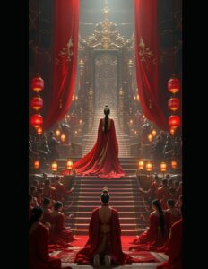 Lady in red robe in throne room