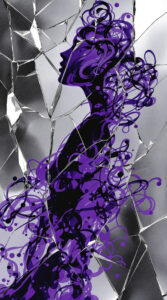 snow white book 1 cover, purple ink swirl woman over shattered mirror